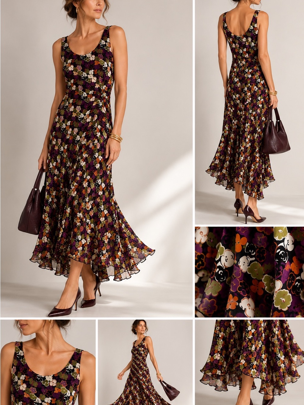 JONES NEW YORK 100% Silk Floral Midi Dress Handkerchief Hem Sleeveless - Picture 3 of 12